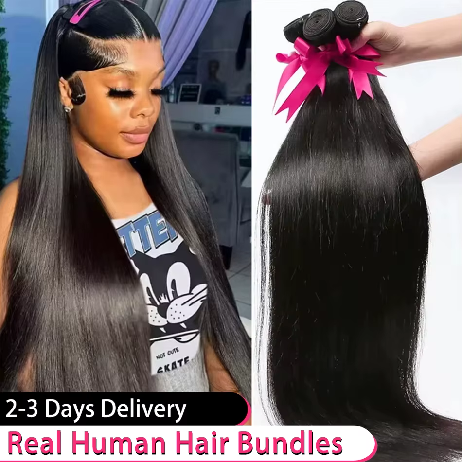 Extensions de Cheveux Humains Lisses Naturels 30-40 Pouces, Grade 16A, Couleur Naturelle Brésilienne