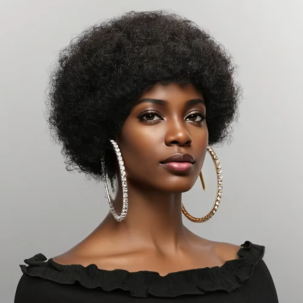 Perruque de cheveux humains courts afro bouclés Pixie pour femmes - 6 pouces noir naturel densité 15