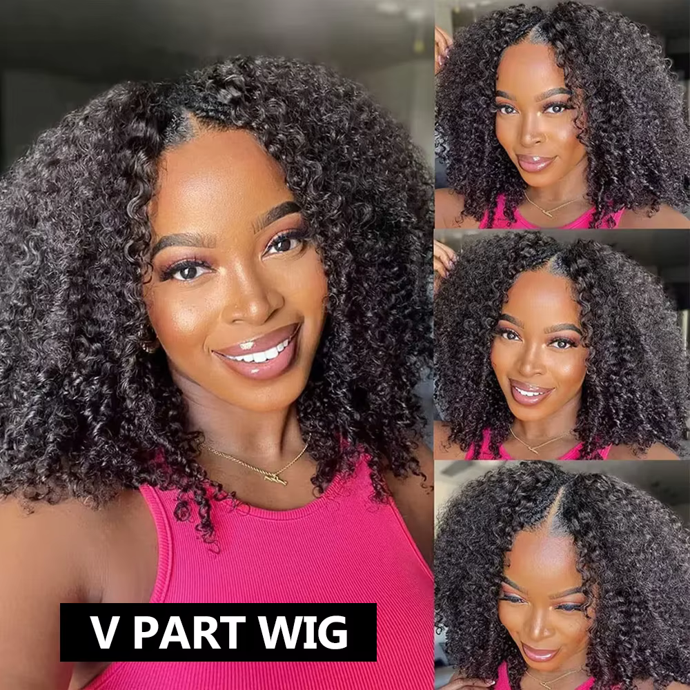 Demi-perruque Afro bouclée, cheveux humains, sans colle, bandeau avec cordon de serrage, Clip sans c