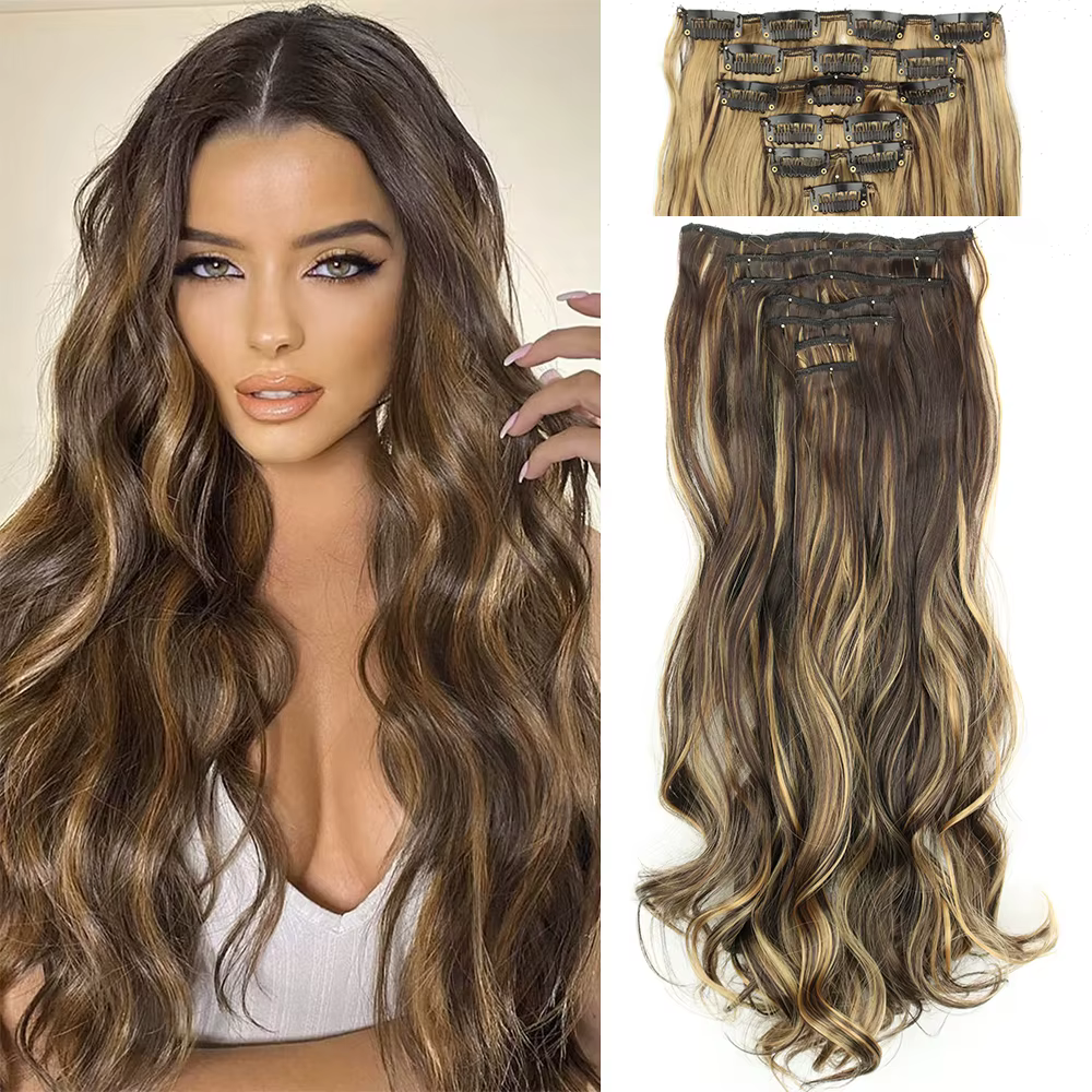 16 Clips 7 pièces/ensemble Extensions de cheveux longue ondulée coiffure naturel synthétique noir bl