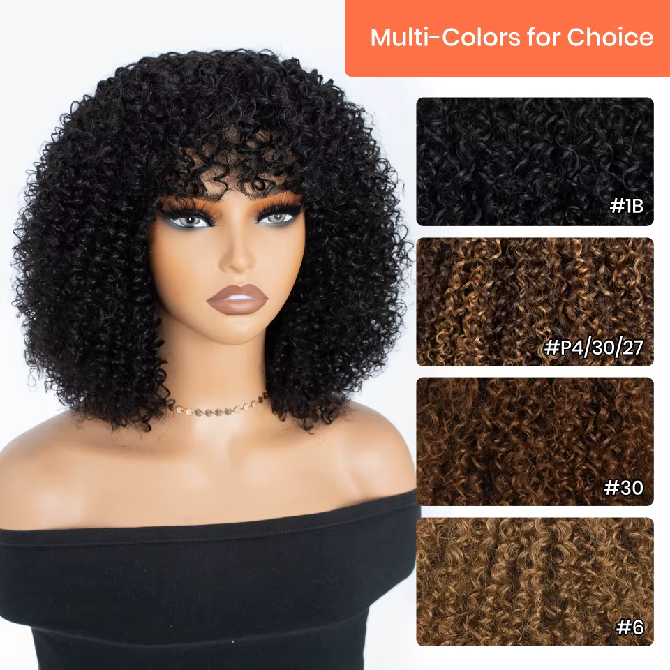 Perruques Bob Courtes Bouclées en Cheveux Humains, Perruques Afro Bouclées avec Frange, Perruques Bo
