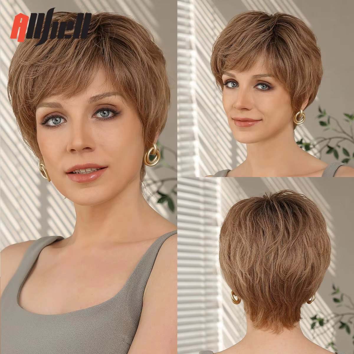 Perruque Lace Front Wig 100% naturelle Remy, cheveux naturels, à reflets blonds, coupe Pixie courte,