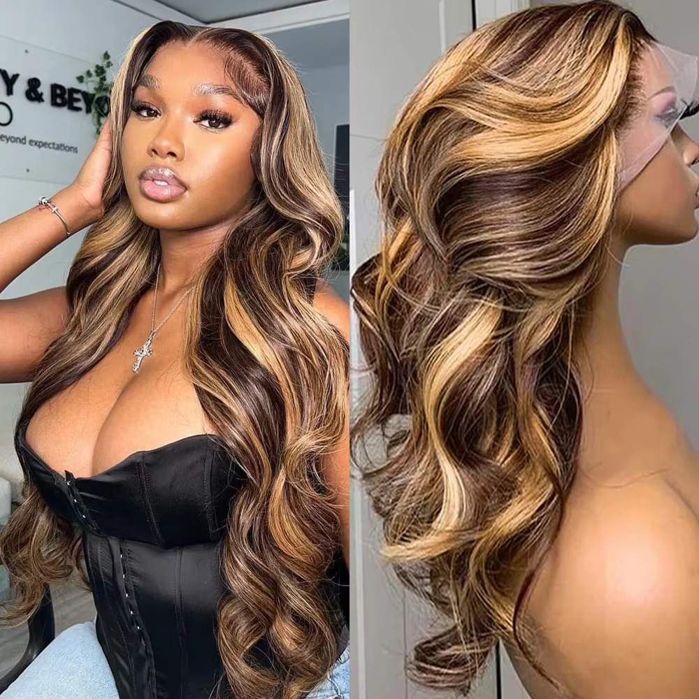 Perruque Lace Front Wig Body Wave Naturelle, Cheveux Humains, Couleur Ombre, Blond Miel, à Reflets