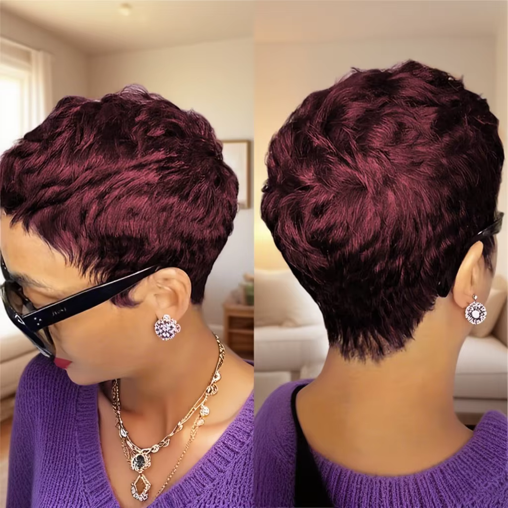 Perruque courte coupe lutin avec frange cheveux humains 180 densité pour les femmes perruque faite à