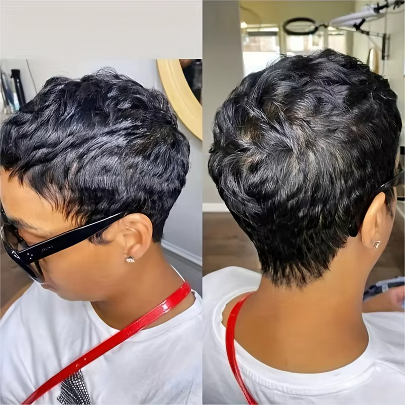 Perruque courte coupe lutin cheveux humains pour femmes perruques fabriquées à la Machine avec frang