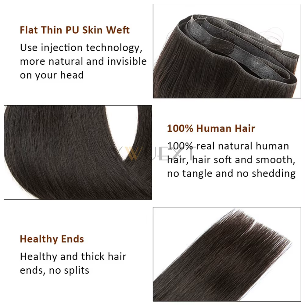 Faisceaux de cheveux de trame de peau en PU injectés, ruban long invisible, vrais cheveux naturels, 
