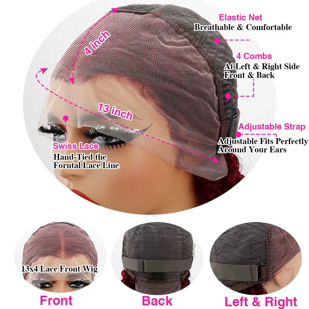 Perruque Lace Front Wig Deep Wave Naturelle Bouclée Rouge Bordeaux 99J, 13x4, Pre-Plucked, Densité 1