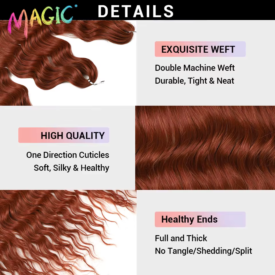 Extensions de cheveux synthétiques ondulés Magic 24 pouces, 3 pièces, rouge cuivre, résistantes à la