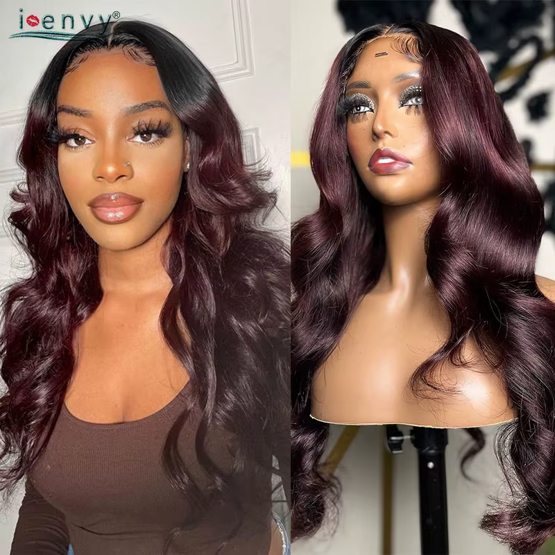 Perruques de cheveux humains bouclés sans colle bordeaux Wear and Go pour femmes, perruques Body Wav