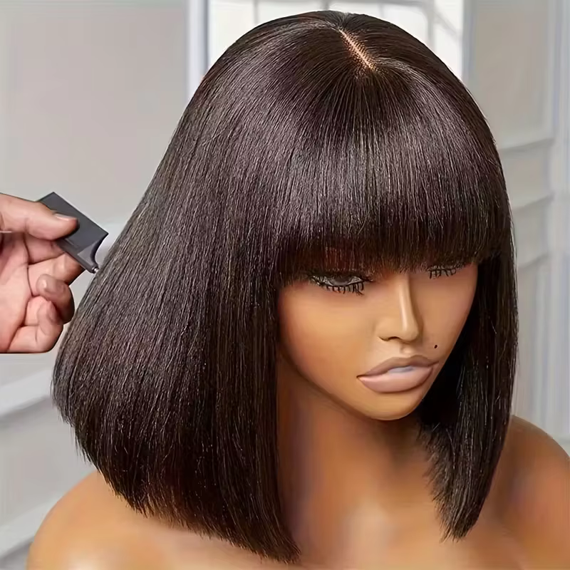 Perruques Bob de cheveux humains droites avec Bang perruques entièrement fabriquées à la Machine 3x1