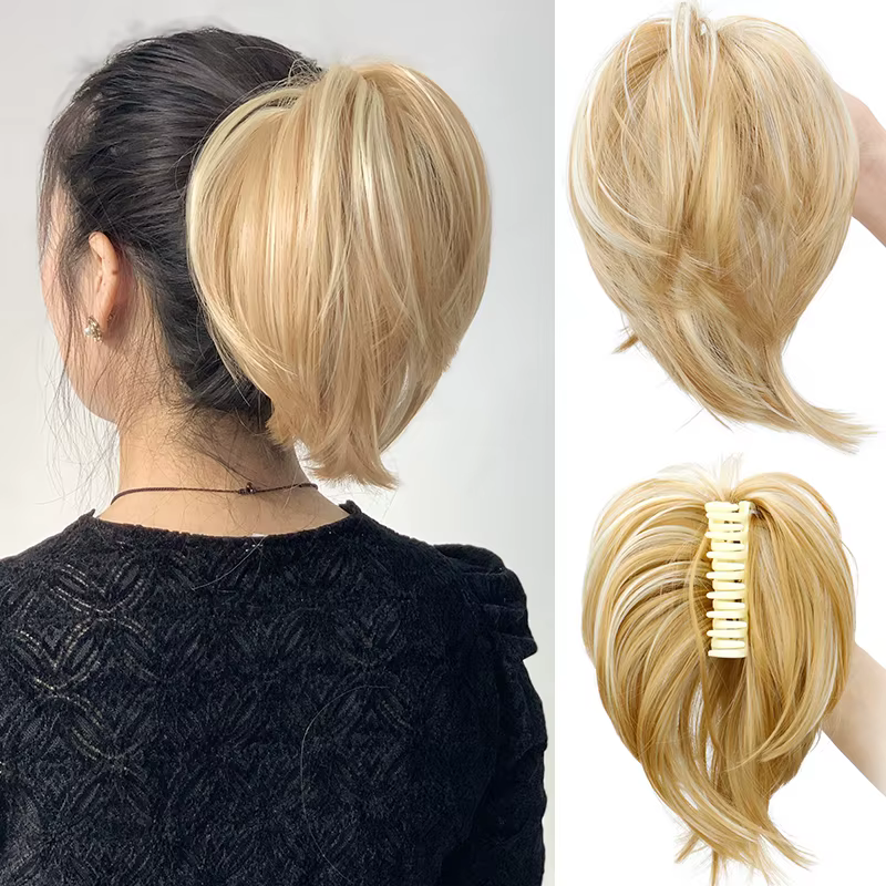 Pince à cheveux élégante en chignon désordonné pour femmes, Extension queue de cheval droite synthét