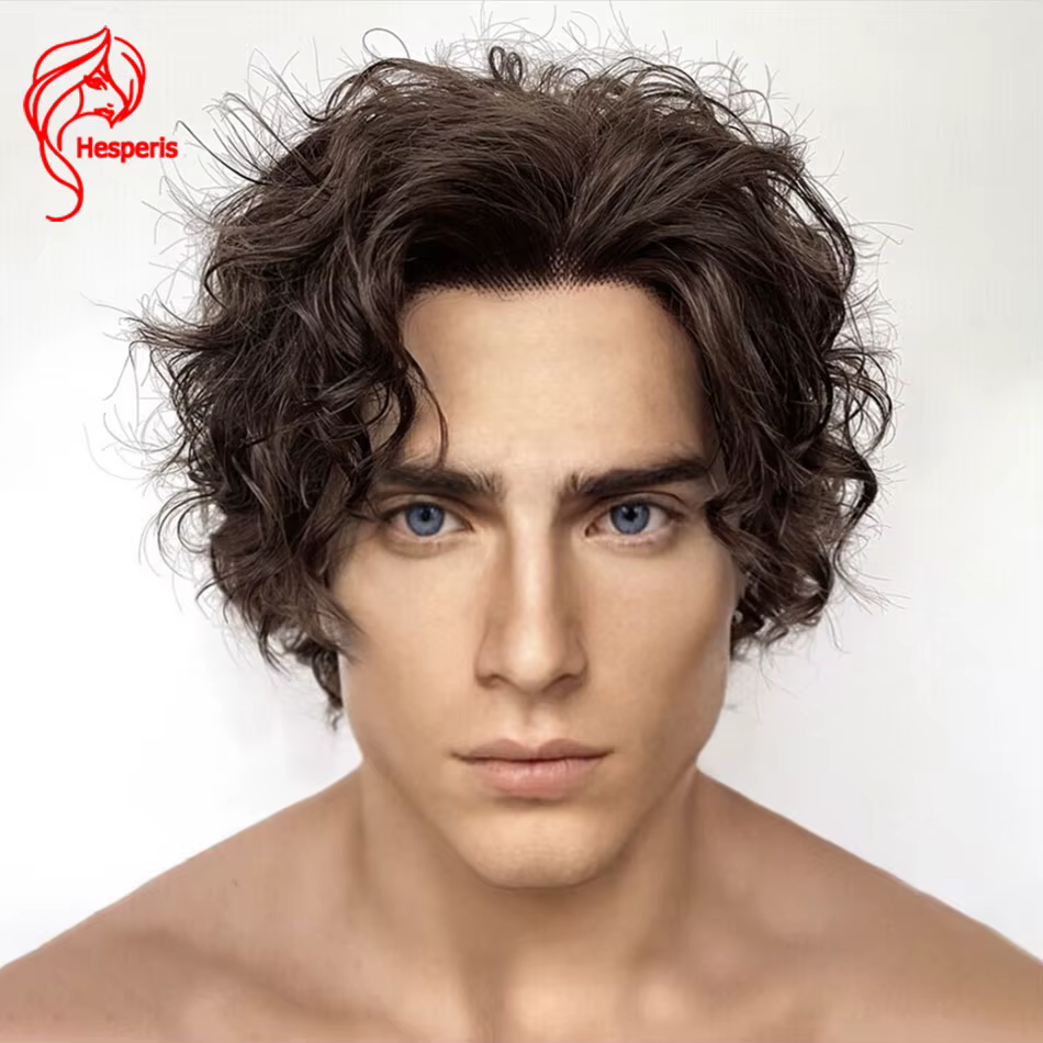 Perruques Hesperis 13X6 Lace Front Brun Foncé pour Hommes, 100% Cheveux Humains, Courtes, Bouclées,