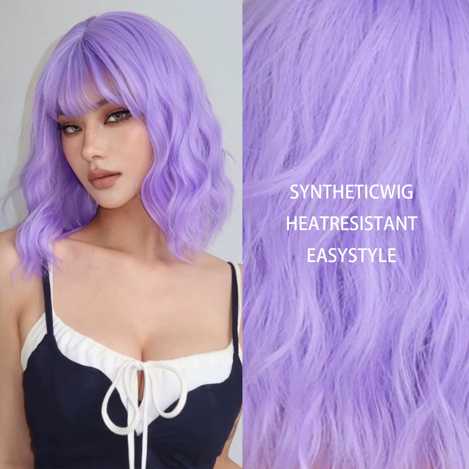 Perruque synthétique bouclée violette clair longue avec frange pour femmes, cheveux naturels courts