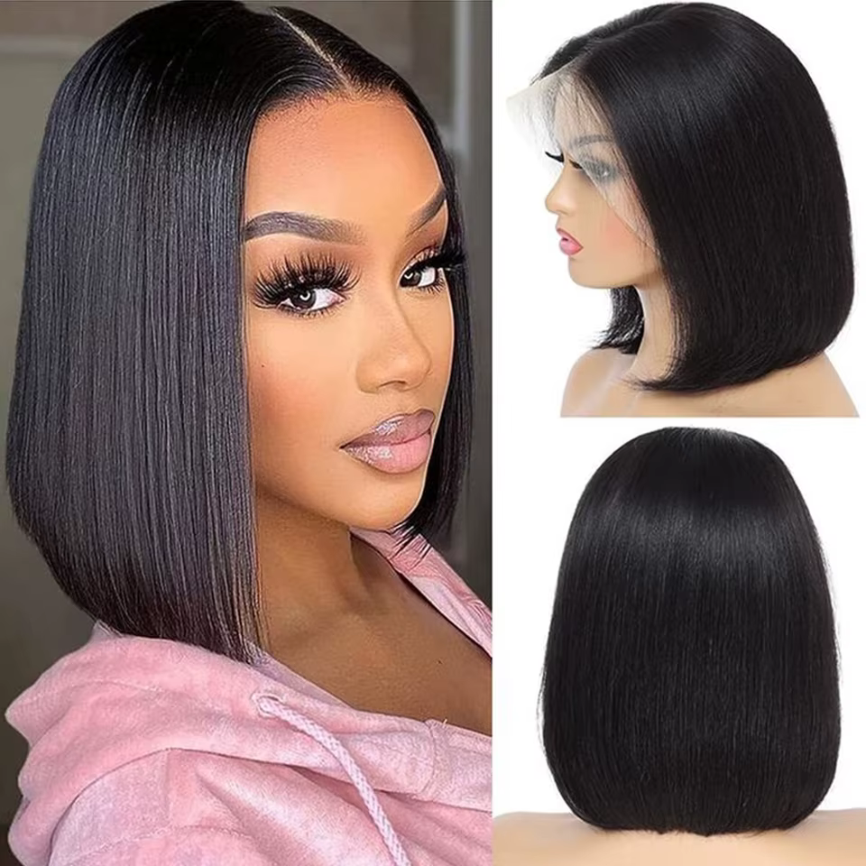 Perruque courte bob transparente HD bordeaux 99J en cheveux humains, avec mèches lisses brésiliennes