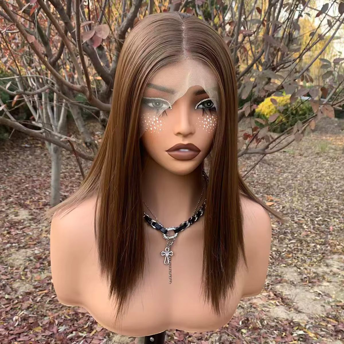 Perruque Bob Lace Front Wig synthétique sans colle marron clair 13x4, perruque courte de 14 pouces d