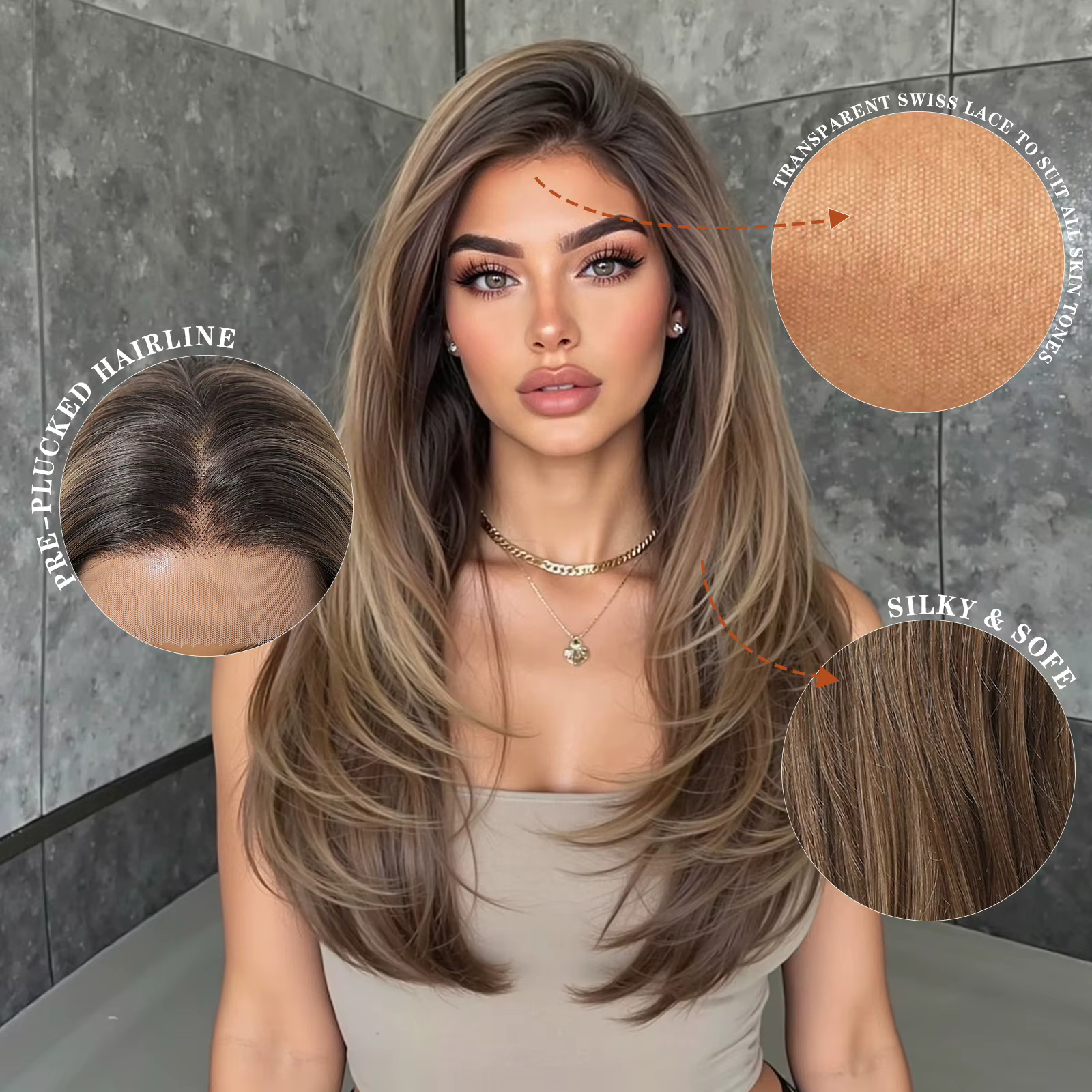 HAIRCUBE – perruque synthétique lisse mixte brune, racines foncées, naissance des cheveux naturelle,