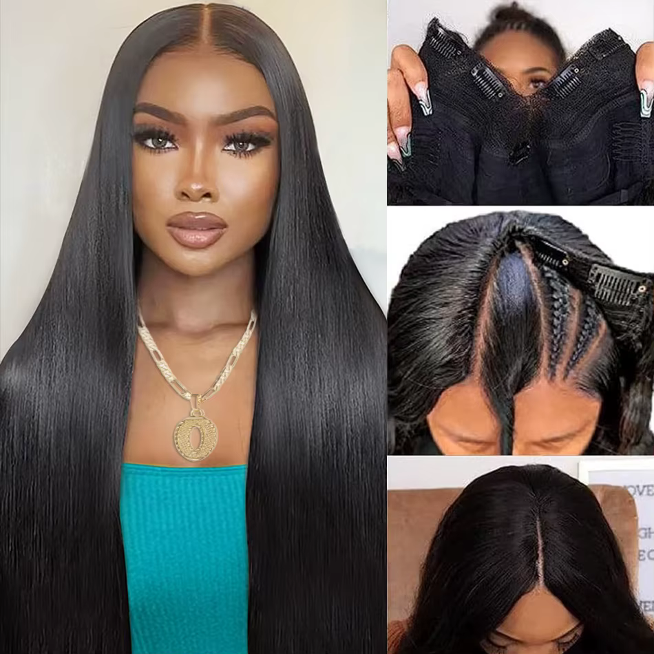 Perruques en cheveux humains lisses en forme de V, sans couture, sans colle, densité 220, noir natur