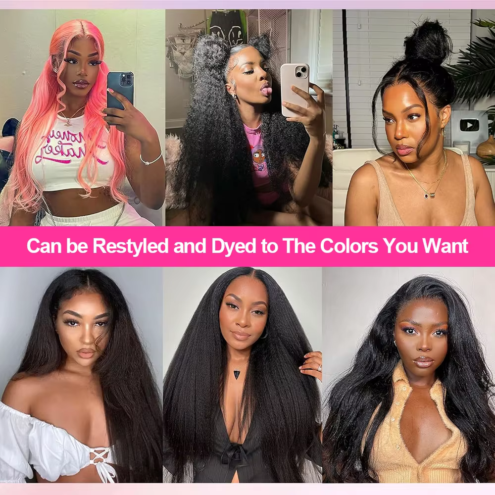 250% Kinky Straight Perruque Yaki Sans Colle 360 Natural Yaki Straight Wig Invisible Sangle Perruque