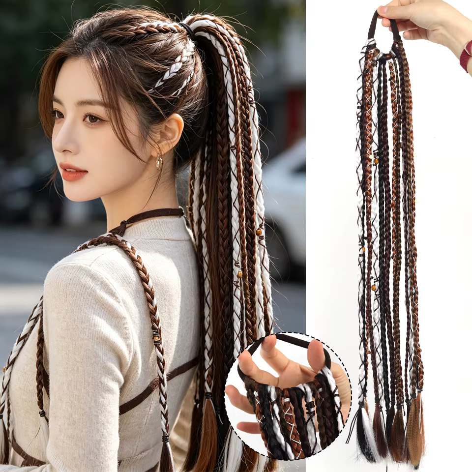 Extensions de cheveux synthétiques tressées à la main, style bohème, avec élastique, longues, pour f