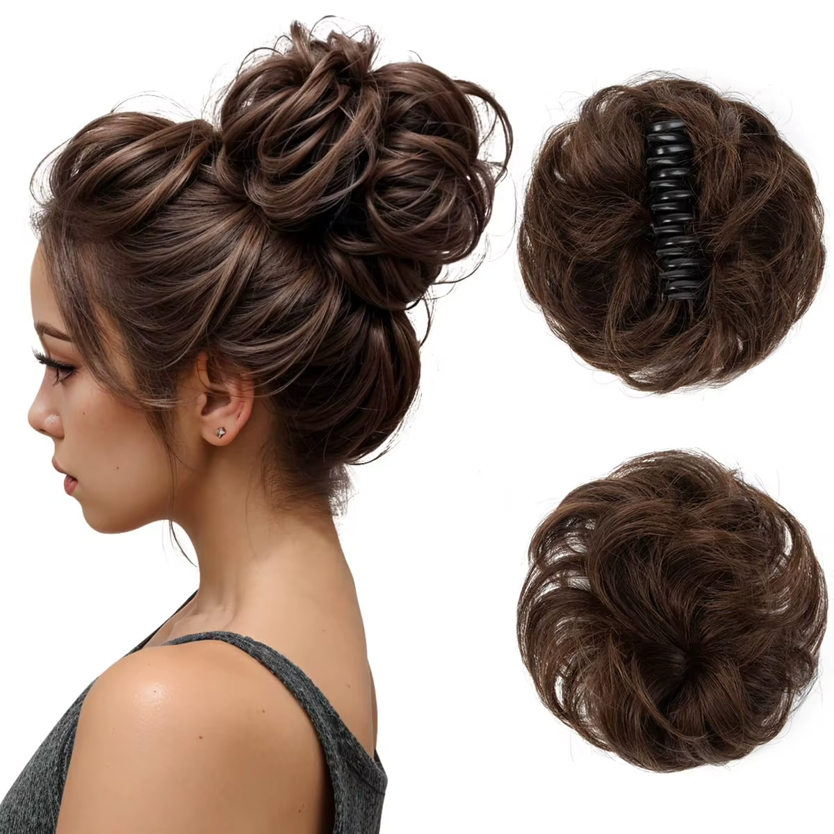 Extensions de cheveux élégantes pour femmes, chignons en cheveux humains naturels de teinte plus fon