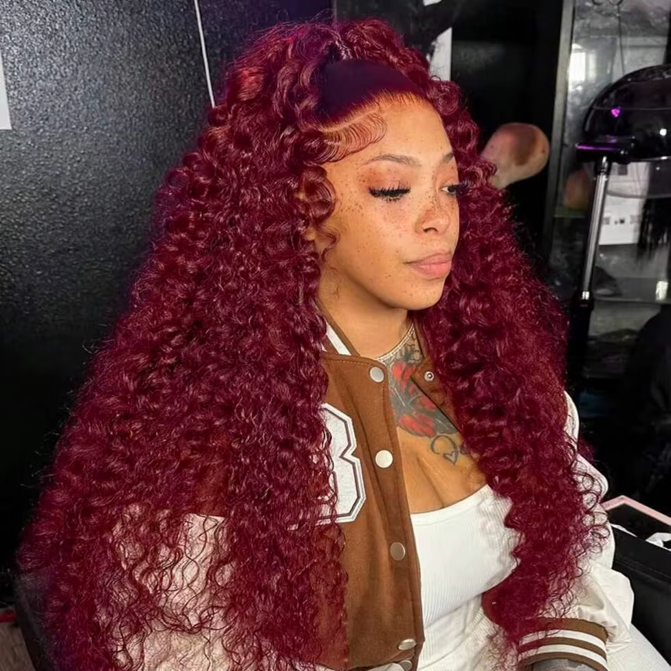 Perruques Deep Wave 99J Bourgogne, Perruque Frontale HD Lace 13x6, Perruques Frontales HD Transparen