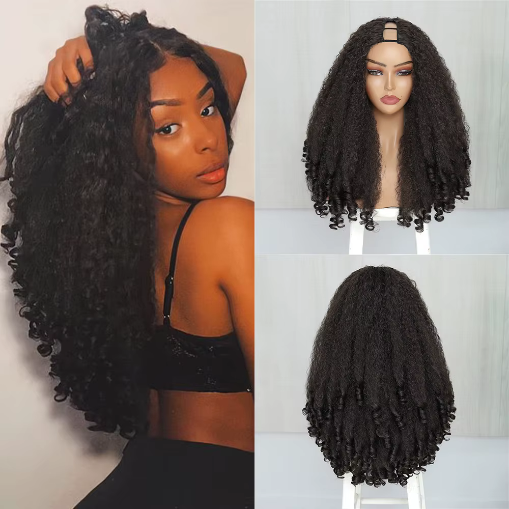Perruque Afro bouclée en V avec boucles rebondissantes, cheveux synthétiques crépus lisses pour femm
