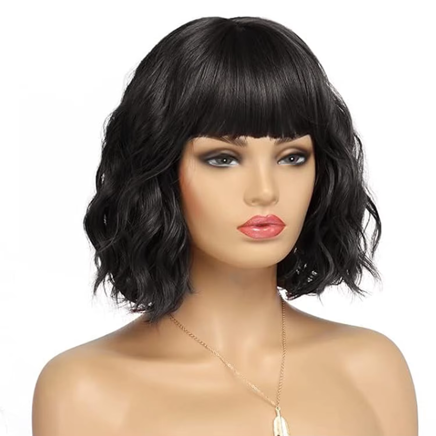 Perruque Bob synthétique courte bouclée avec frange pour femmes, perruque ondulée longueur d'épaule,