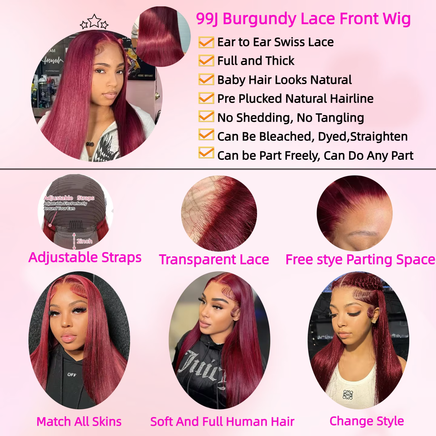 Perruques de cheveux humains lisses bordeaux 99J avec dentelle frontale 13x4 13x6 HD transparente, p