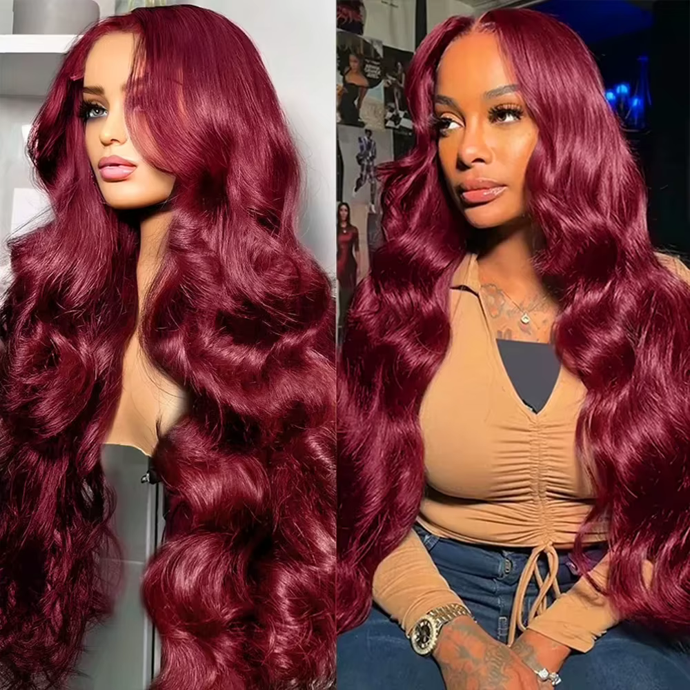 Perruque Lace Front Wig Body Wave Brésilienne Naturelle, Cheveux Humains, Couleur Rouge Bordeaux 99j