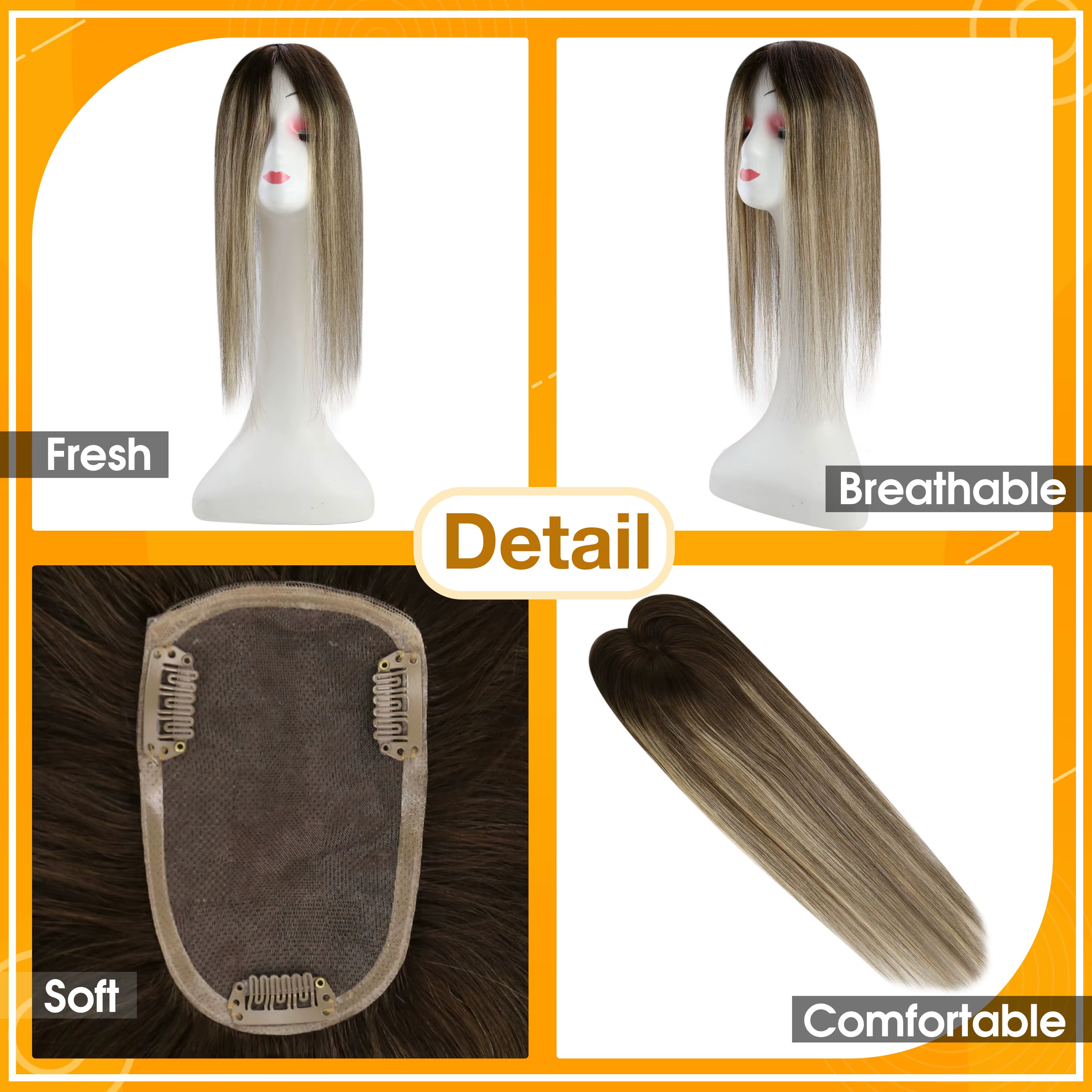 Full Shine Hair Topper pour femme, cheveux humains Remy, cheveux à clip, partie libre, base mono, do