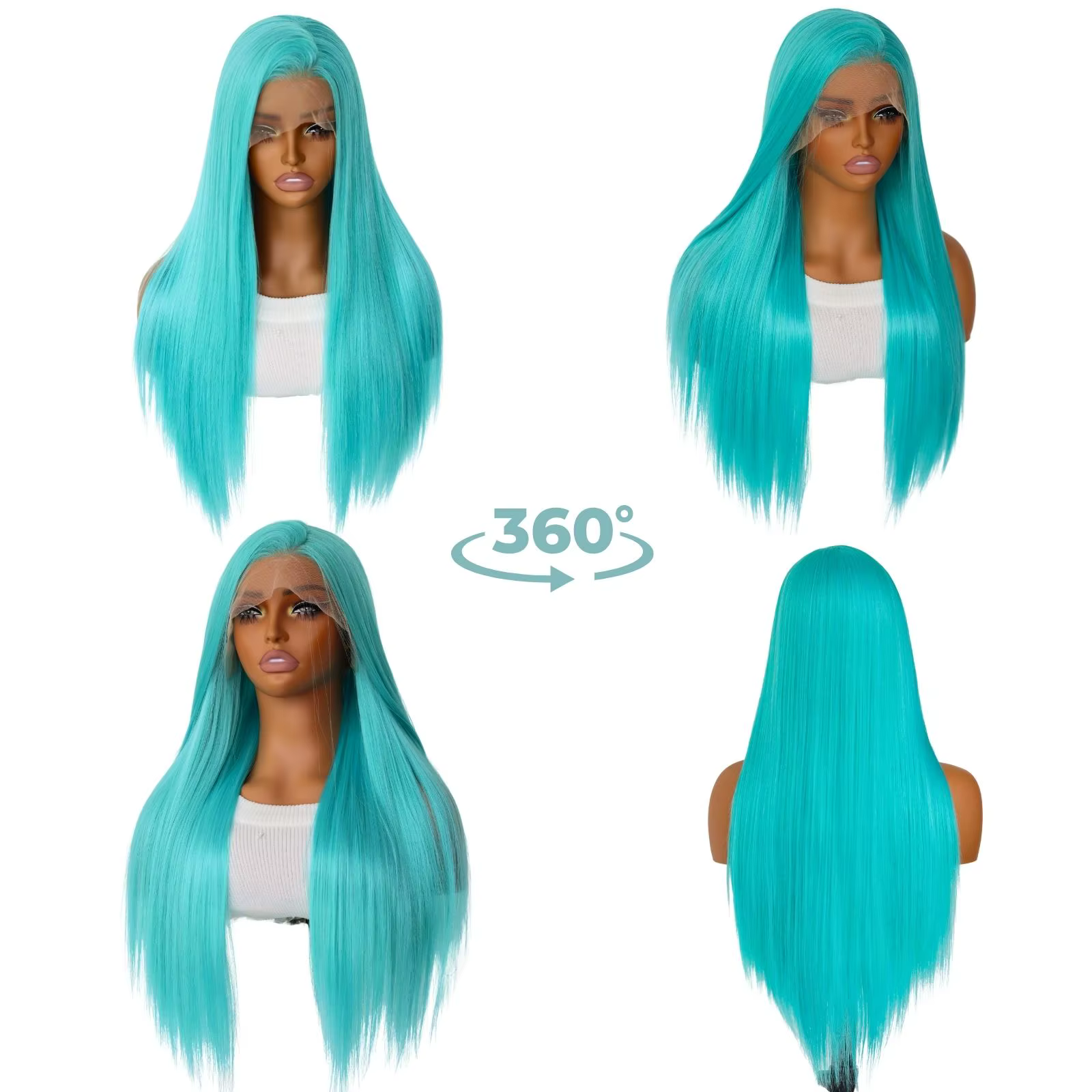 Perruque Lace Front Wig synthétique de couleur bleu menthe, cheveux longs et lisses de 24 pouces pou