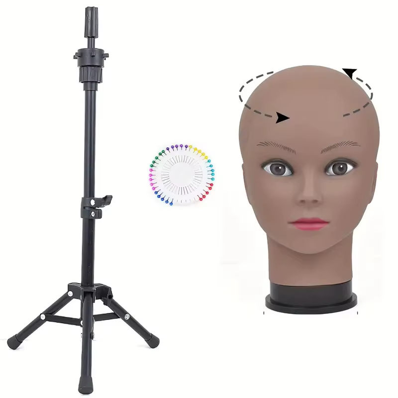 Tête de Mannequin chauve avec trépied de coiffure noir, support de perruque en plastique Durable pou