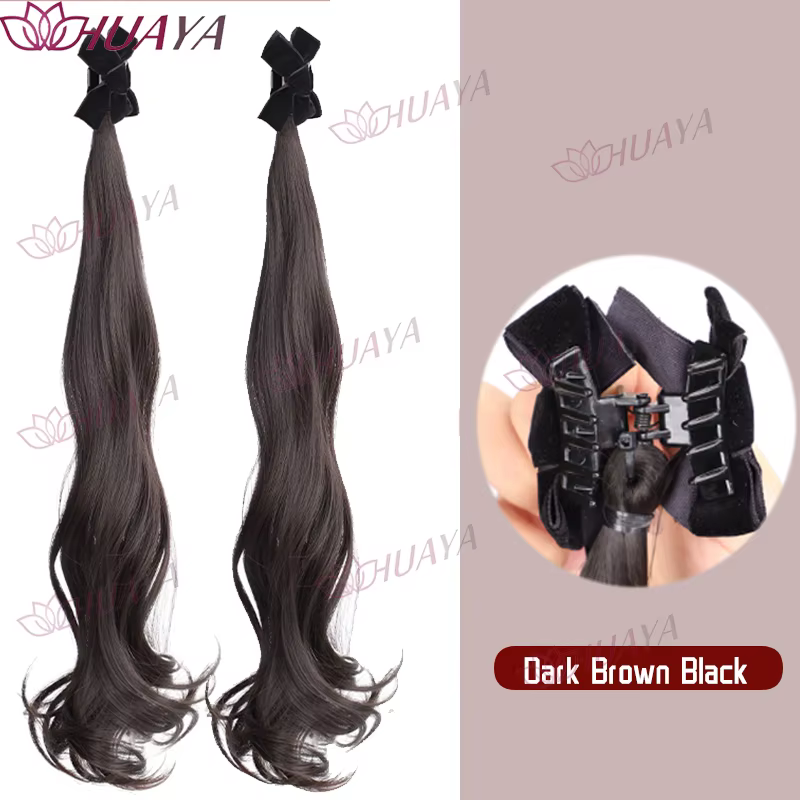 Pinces à cheveux en velours avec nœud et oreilles d'elfe, extensions de cheveux synthétiques longues