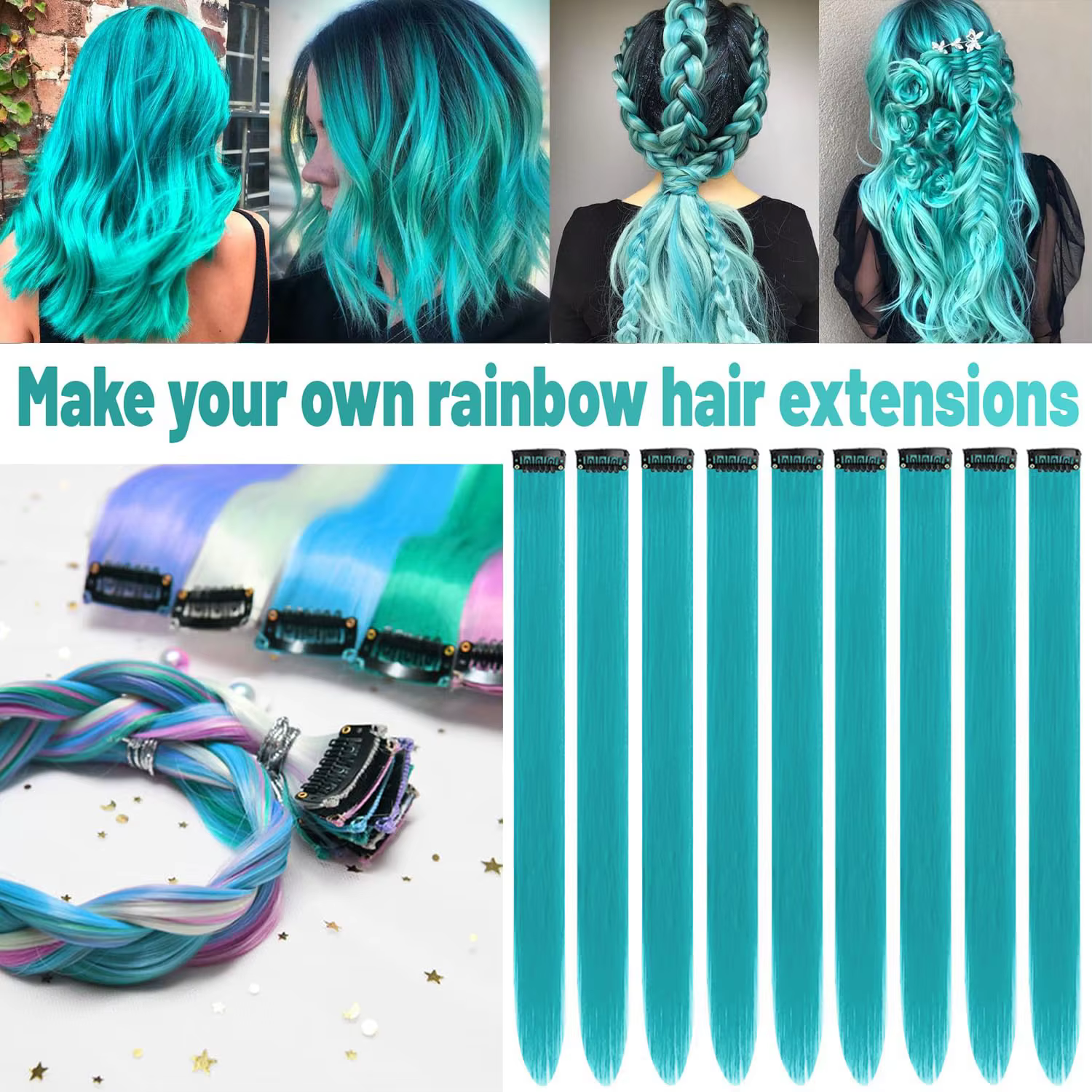 12 pièces Extensions de cheveux bleu sarcelle à clips, Extension de reflets de fête colorés pour enf