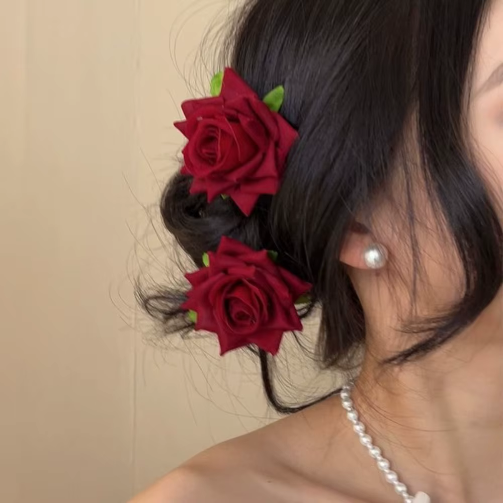 Pince à cheveux rose rouge pour femme, fleur rétro élégante, accessoires pour cheveux, coiffure de m