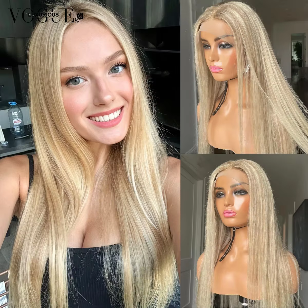 LUX VOGUE mettre en évidence la poussière mat or Balayage couleur perruque élégante droite 100% vier