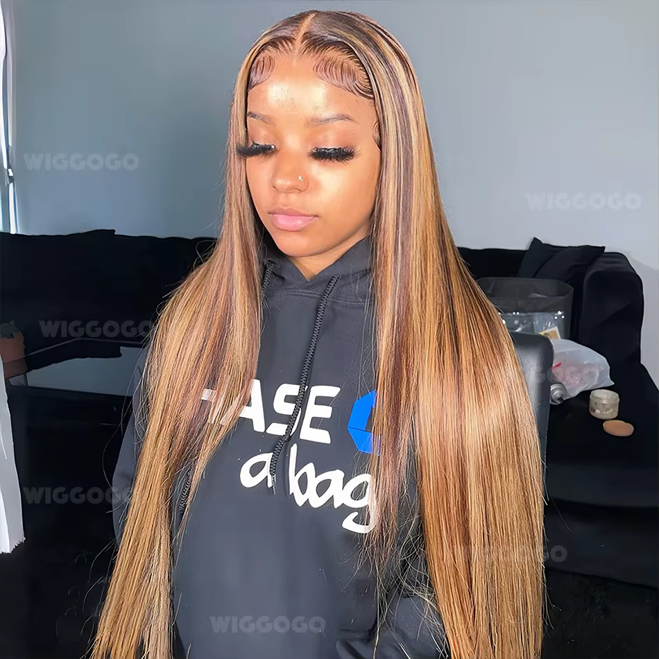 Perruque Lace Frontal Wig naturelle lisse à reflets, 13x6 Hd, 13x4, P4/27, couleur marron ombré, pou