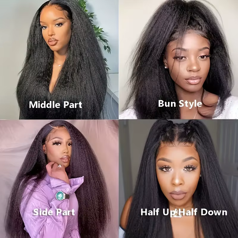 Perruque Yaki lisse crépue avec raie en V, cheveux naturels sans colle, couleur noire naturelle, san