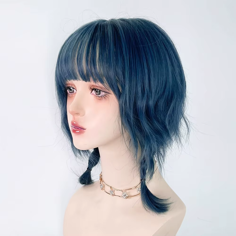 Perruque synthétique bleue à tête de mulet avec frange, perruque courte et lisse pour Cosplay Anime 