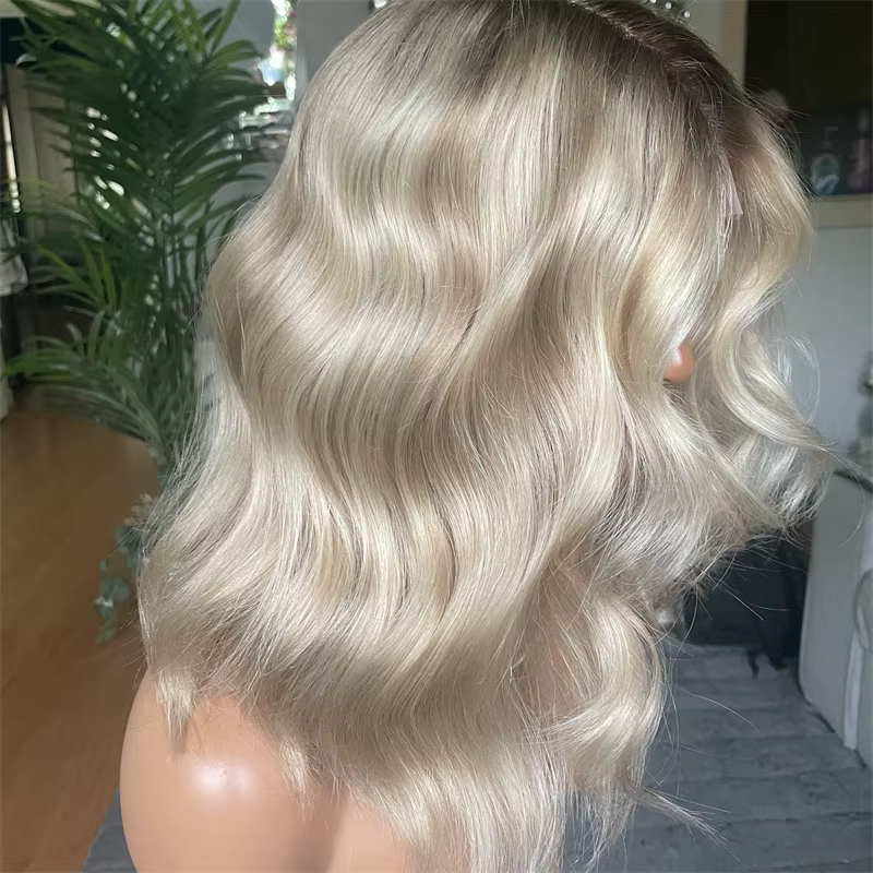 Perruques synthétiques Bob Loose Deep avec racines brunes et blond platine, perruques frontales en d