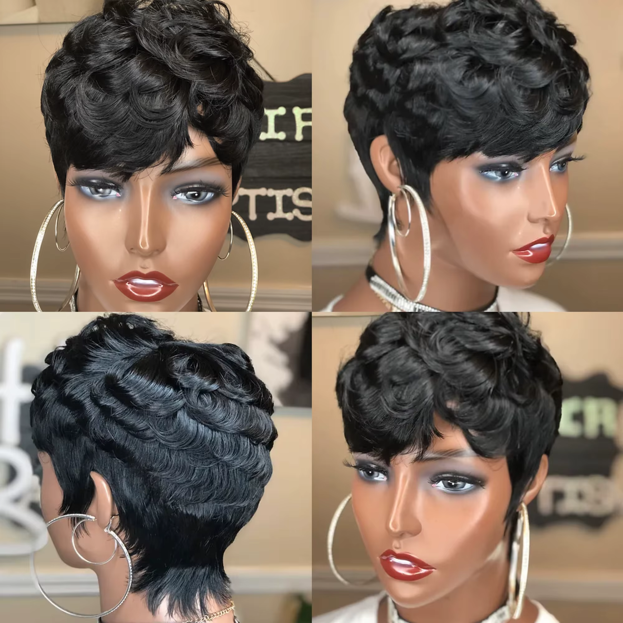 WIGERA-Perruque Synthétique Courte et Lisse avec Frange Bouclée, Cheveux à Reflets, Ombré, Noir, Blo