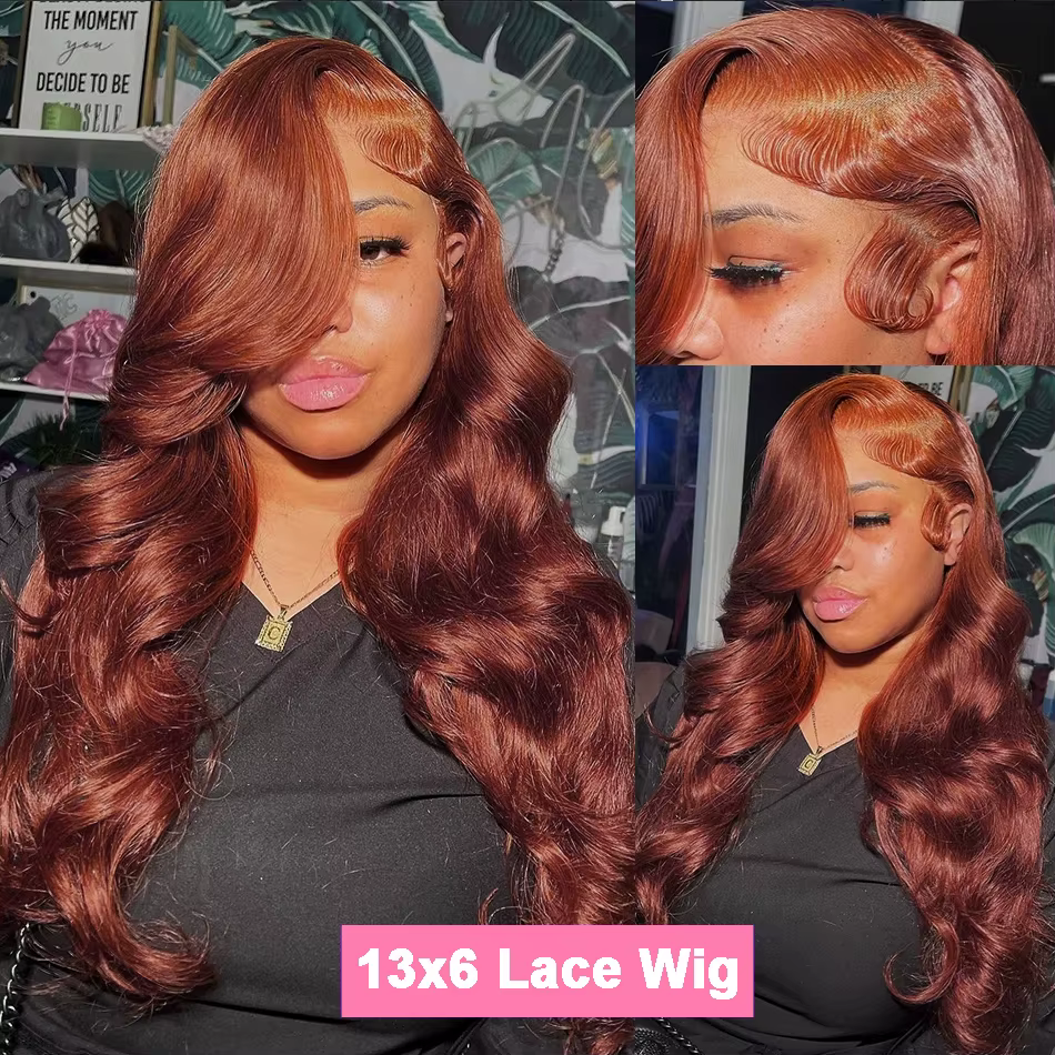 Perruque Lace Frontale 13x6 en Cheveux Humains Ondulés Rougeâtre Brun, Pré-épilée, Colorée, avec Den