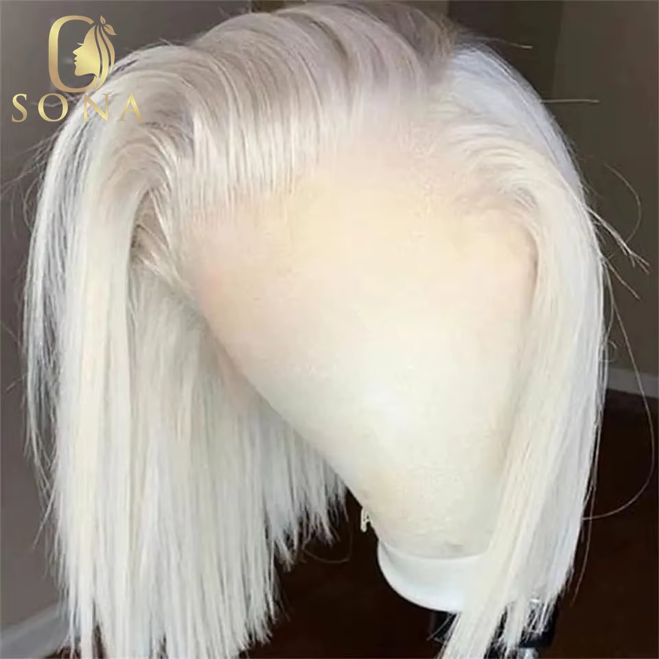 Perruque frontale en dentelle transparente 13x6 # 60 couleur blanc platine cendré blond droit Bob 13