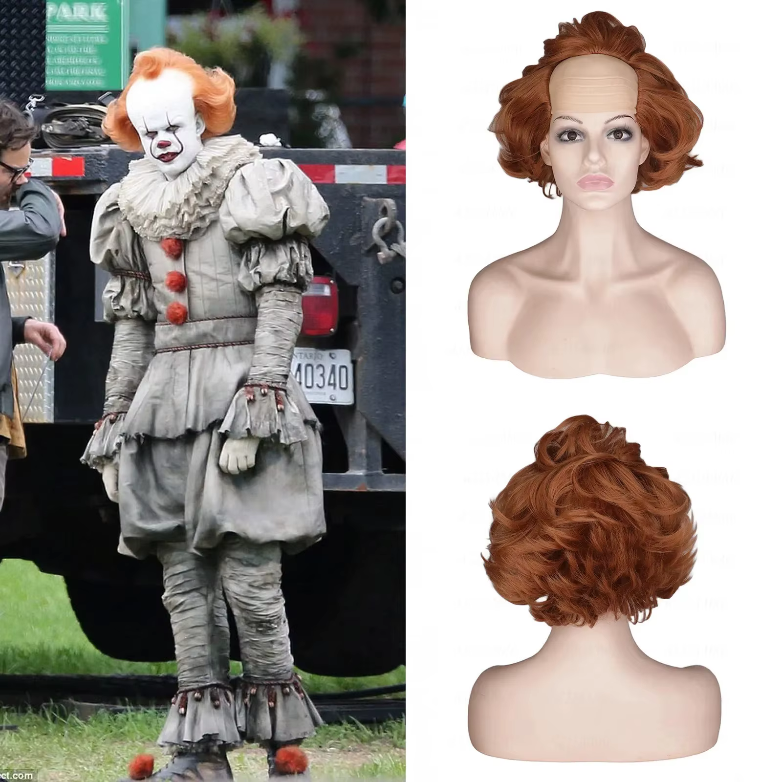 Perruque chauve bouclée pour hommes âgés, brun gingembre, Pennywise It, perruques de Cosplay d'hallo