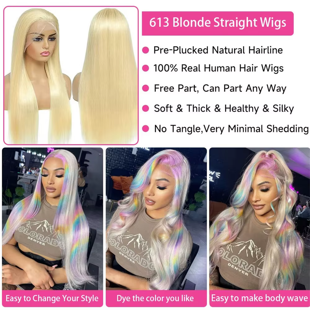 Perruque Lace Frontal Wig brésilienne naturelle, cheveux lisses, blond 613 Hd, densité 220, 13x6, 13