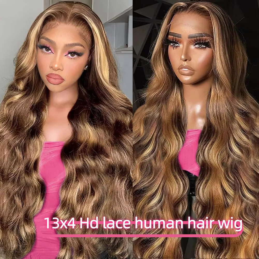Perruque en cheveux humains blond miel avec mèches, ondulée, avec dentelle frontale, en promotion, s
