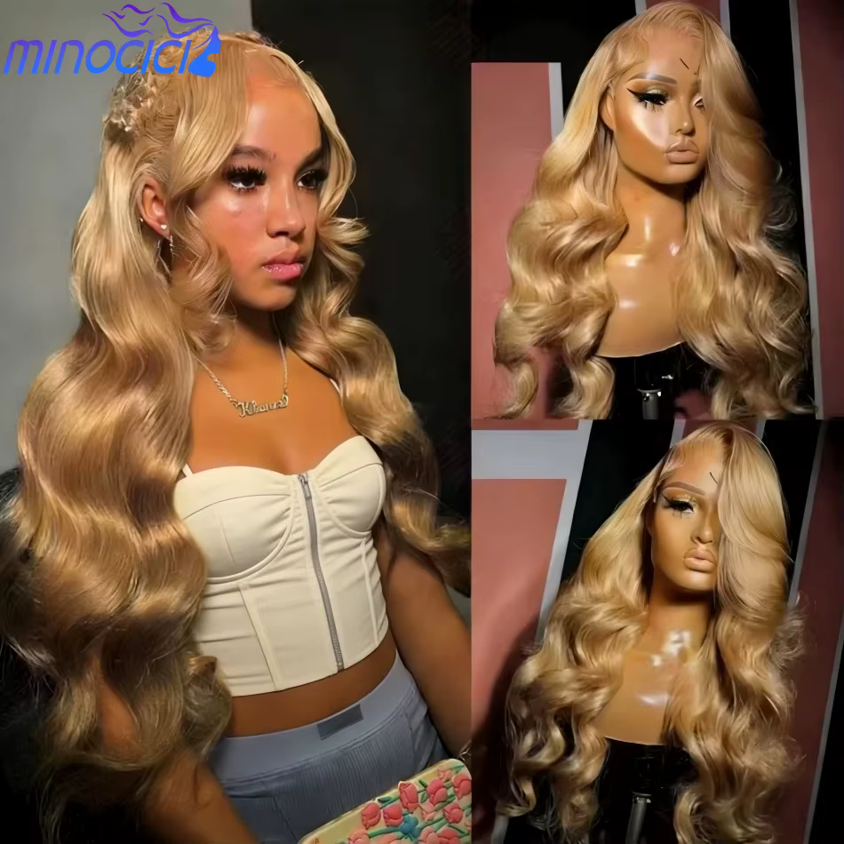 Perruques brésiliennes en cheveux humains ondulés, blond miel 27, avec dentelle frontale HD 13x6 et 