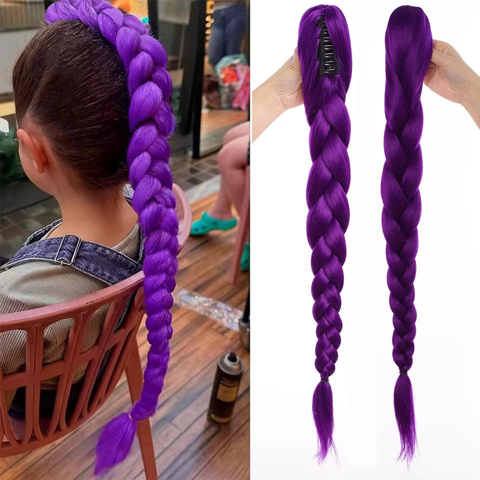 28 pouces cheveux synthétiques longs tressés violet cheveux Extensions de queue de cheval Rumi coiff