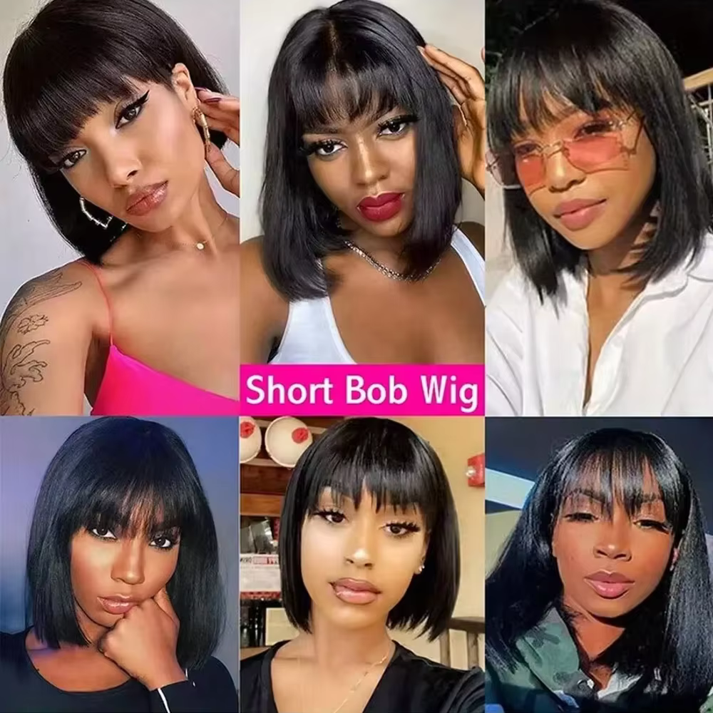 3X1 Middle Part Lace Wig Bob Wigs Full Machine Made Bone Straight Human Hair Wigs With Bangs Short B