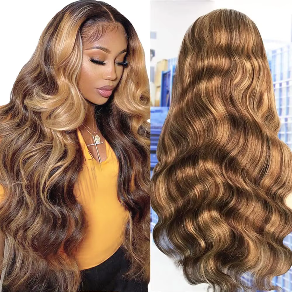 Perruque Lace Front Wig Body Wave Naturelle Remy Sans Colle, Cheveux Humains, Balayage Blond Brun Om